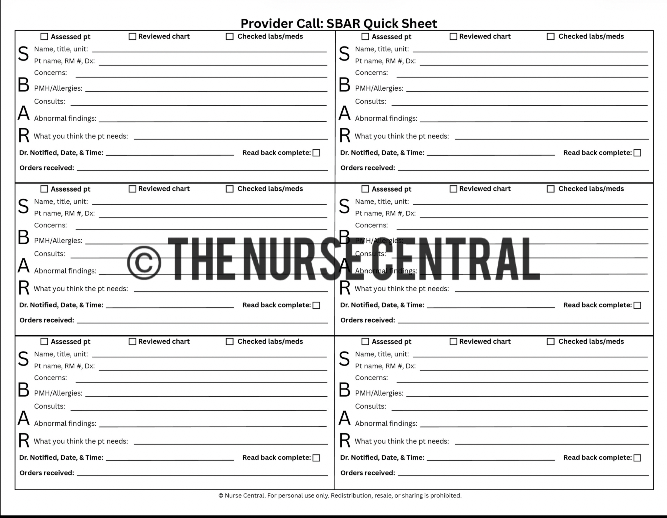Provider Call: SBAR Quick Sheet